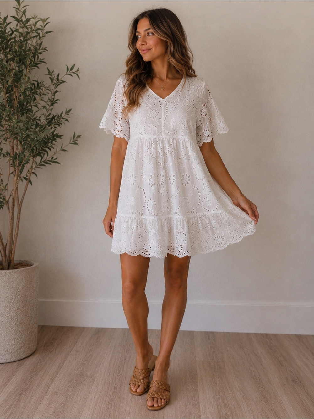 Valentina Naldi White Eyelet Embroidered Mini Dress | Cottagecore | Size L NWT